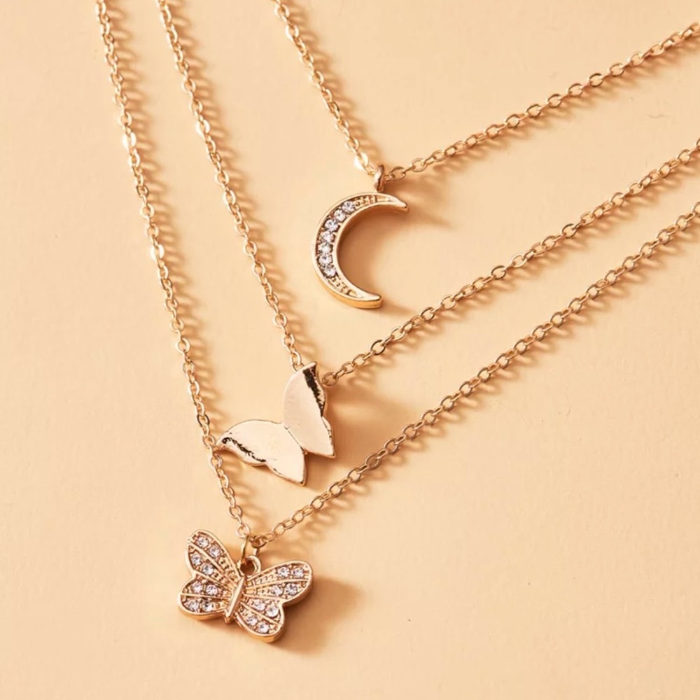 Rhinestone Moon & Butterfly Layered Necklace - Picture 2 of 3